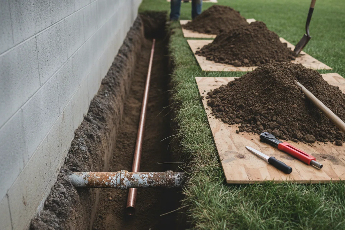 Excavated water line trench during Sewer Line Repair in Petersburg
